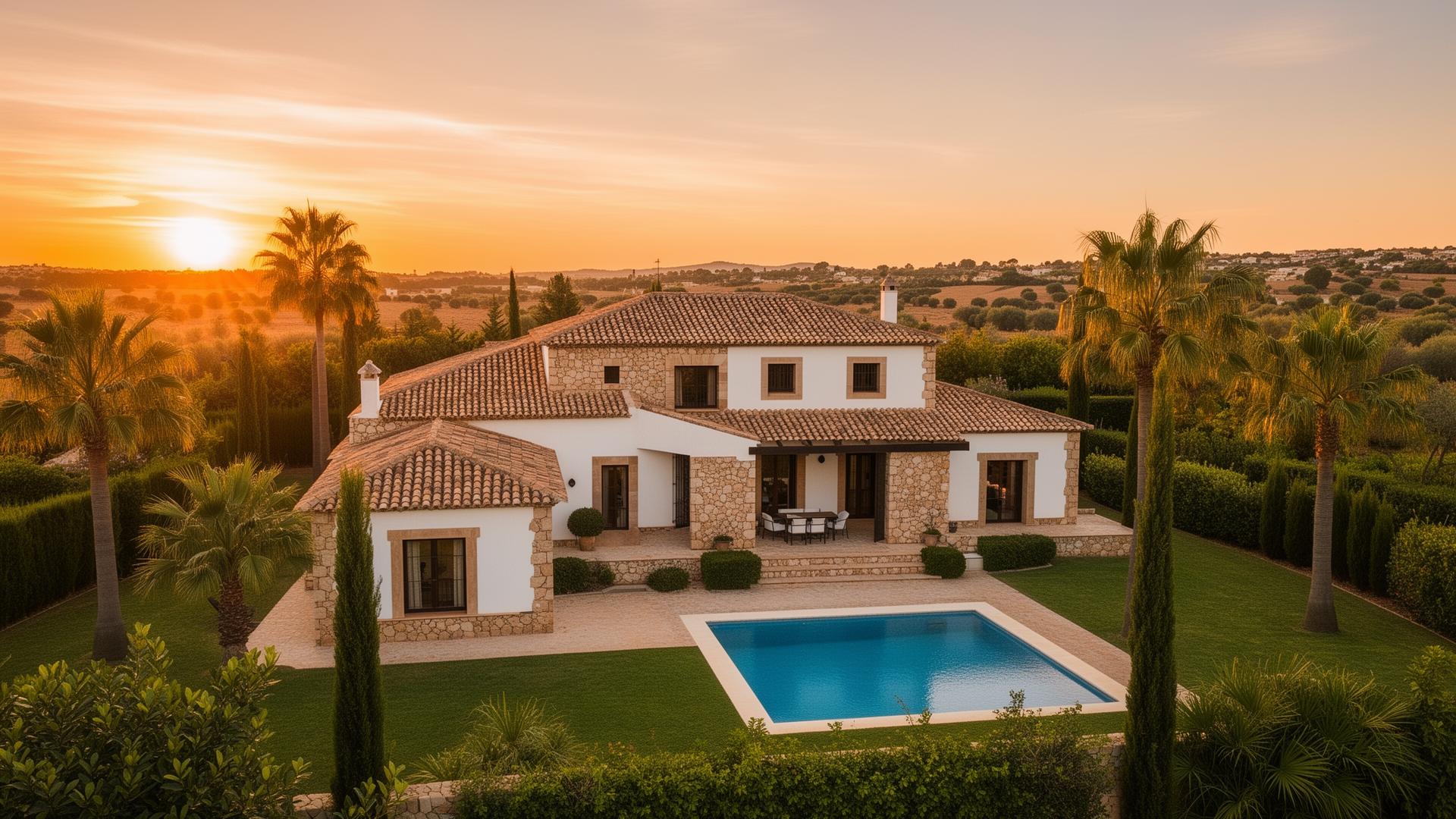 Chalet mediterráneo con jardín y piscina al atardecer en Valencia